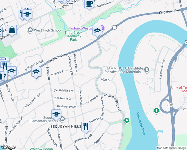 map of restaurants, bars, coffee shops, grocery stores, and more near 547 Cherokee Boulevard in Knoxville