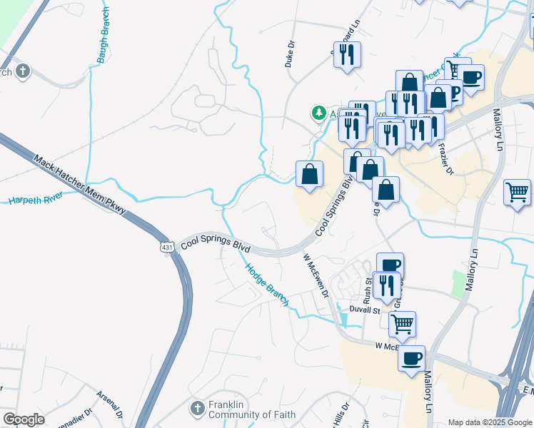 map of restaurants, bars, coffee shops, grocery stores, and more near 315 Cool Springs Boulevard in Franklin