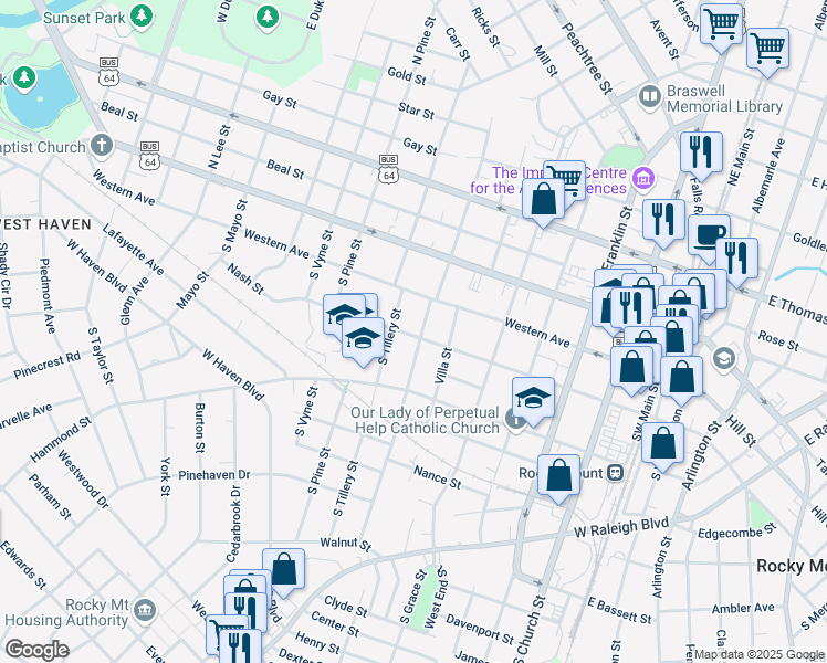 map of restaurants, bars, coffee shops, grocery stores, and more near 209 South Howell Street in Rocky Mount