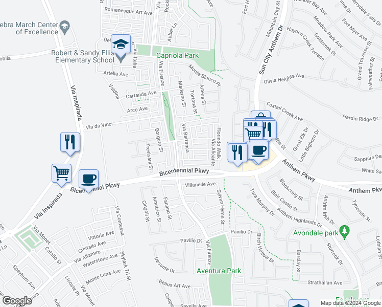 map of restaurants, bars, coffee shops, grocery stores, and more near 2378 Via Barranca in Henderson