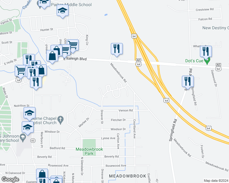 map of restaurants, bars, coffee shops, grocery stores, and more near 100 Doves Mount Circle in Rocky Mount