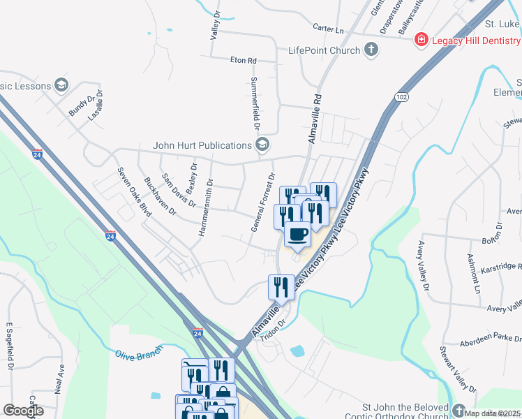 map of restaurants, bars, coffee shops, grocery stores, and more near 816 General Forrest Drive in Smyrna