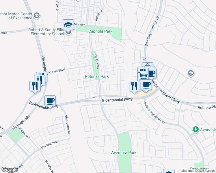 map of restaurants, bars, coffee shops, grocery stores, and more near 2378 Via Barranca in Henderson