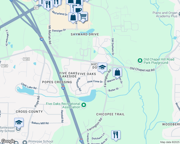 map of restaurants, bars, coffee shops, grocery stores, and more near 4117 Five Oaks Drive in Durham