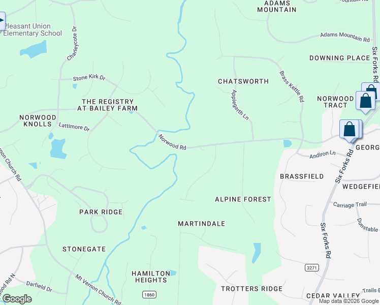 map of restaurants, bars, coffee shops, grocery stores, and more near 14032 Norwood Road in Raleigh