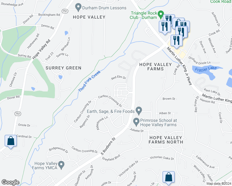 map of restaurants, bars, coffee shops, grocery stores, and more near 4207 Brenmar Lane in Durham