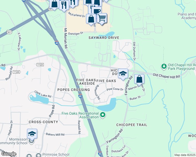 map of restaurants, bars, coffee shops, grocery stores, and more near 4100 Five Oaks Drive in Durham