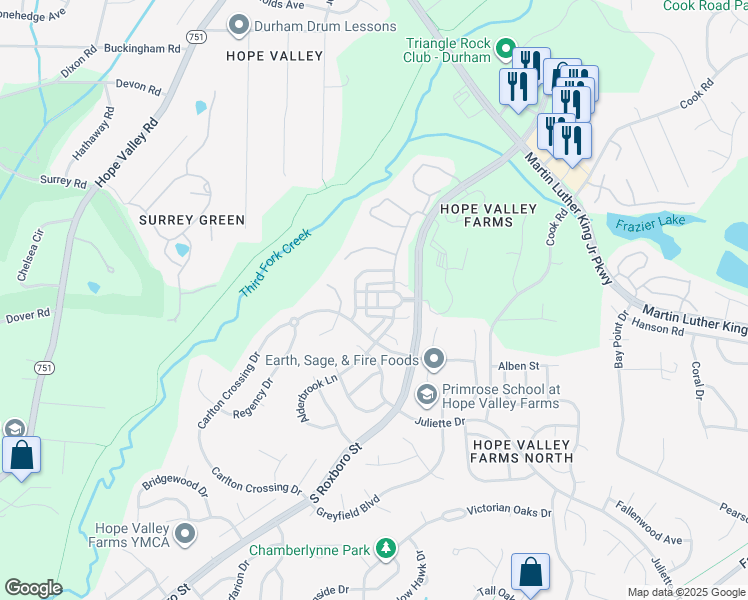 map of restaurants, bars, coffee shops, grocery stores, and more near 4414 Cherry Blossom Circle in Durham