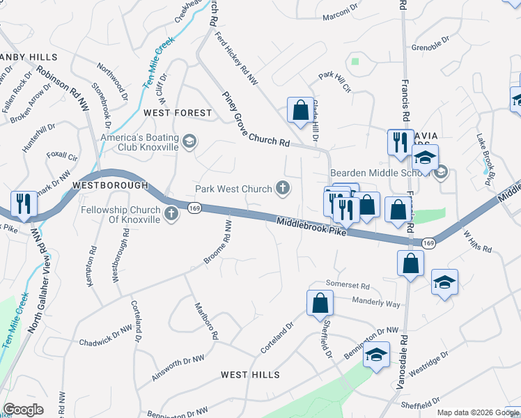 map of restaurants, bars, coffee shops, grocery stores, and more near 7703 Mills Way in Knoxville