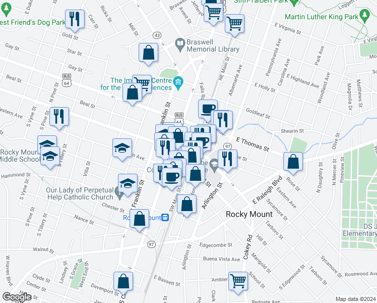 map of restaurants, bars, coffee shops, grocery stores, and more near 100 Northwest Main Street in Rocky Mount