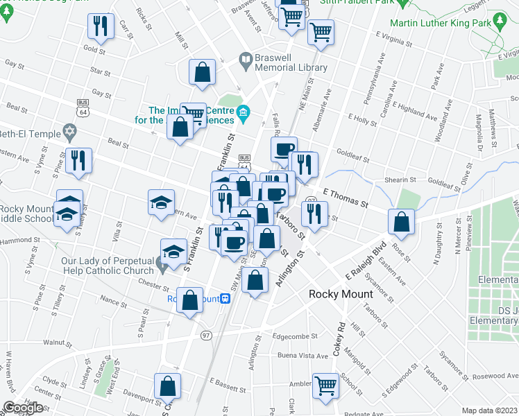 map of restaurants, bars, coffee shops, grocery stores, and more near 100 Northwest Main Street in Rocky Mount