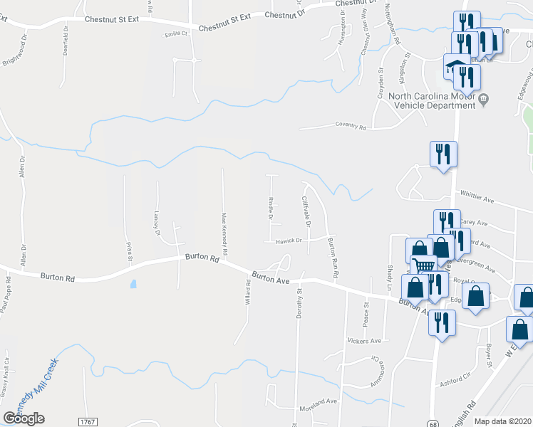 map of restaurants, bars, coffee shops, grocery stores, and more near 2161 Rindle Drive in High Point