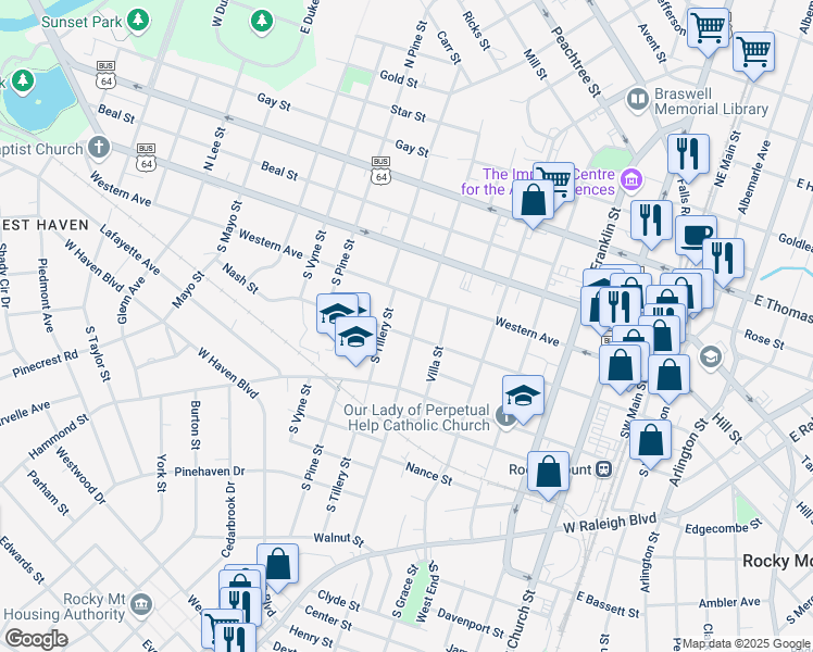 map of restaurants, bars, coffee shops, grocery stores, and more near 224 South Howell Street in Rocky Mount