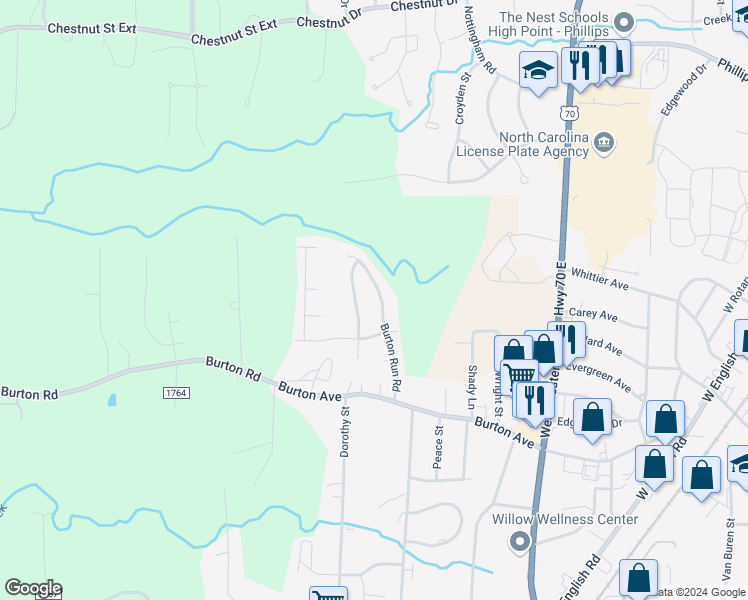 map of restaurants, bars, coffee shops, grocery stores, and more near 2133 Burton Run Road in High Point