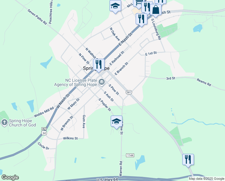 map of restaurants, bars, coffee shops, grocery stores, and more near 280 South Pine Street in Spring Hope