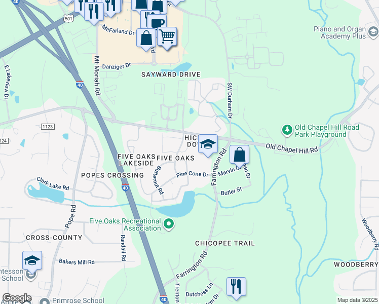 map of restaurants, bars, coffee shops, grocery stores, and more near 4101 Five Oaks Drive in Durham