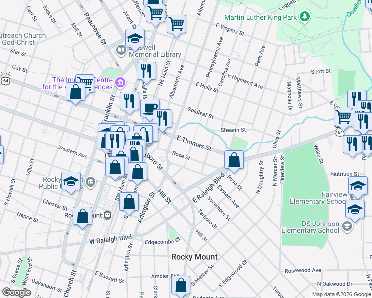 map of restaurants, bars, coffee shops, grocery stores, and more near 319 East Thomas Street in Rocky Mount