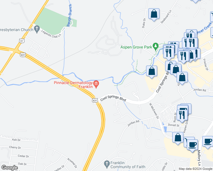 map of restaurants, bars, coffee shops, grocery stores, and more near 151 Cool Springs Boulevard in Franklin