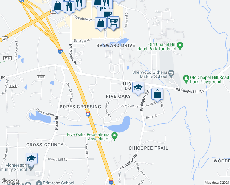 map of restaurants, bars, coffee shops, grocery stores, and more near 4100 Five Oaks Drive in Durham