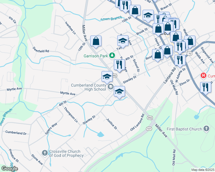 map of restaurants, bars, coffee shops, grocery stores, and more near 660 Stanley Street in Crossville