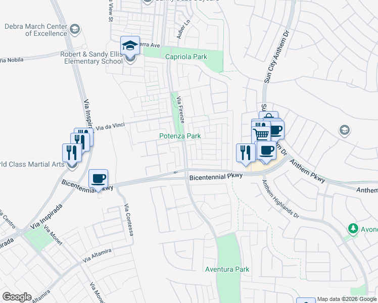 map of restaurants, bars, coffee shops, grocery stores, and more near 2370 Via Firenze in Henderson