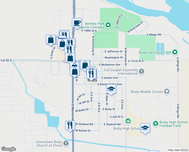map of restaurants, bars, coffee shops, grocery stores, and more near 109 North Armstrong Street in Bixby