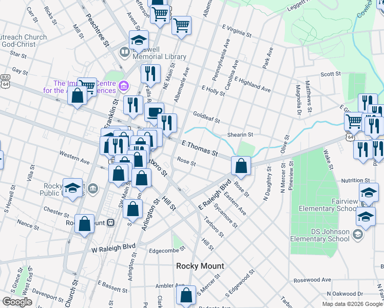 map of restaurants, bars, coffee shops, grocery stores, and more near 319 East Thomas Street in Rocky Mount
