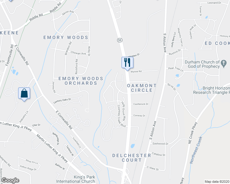 map of restaurants, bars, coffee shops, grocery stores, and more near 1625 Snow Mass Way in Durham