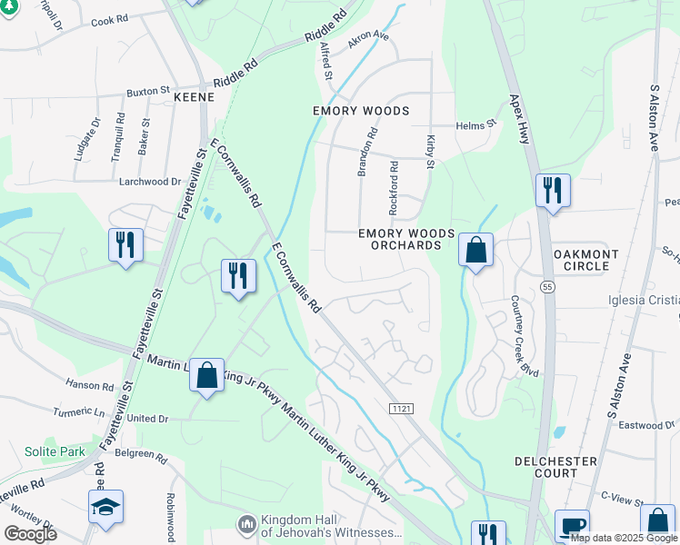 map of restaurants, bars, coffee shops, grocery stores, and more near 9 Premier Court in Durham