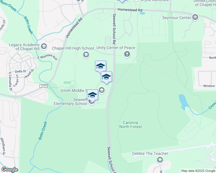map of restaurants, bars, coffee shops, grocery stores, and more near 9201 Seawell School Road in Chapel Hill