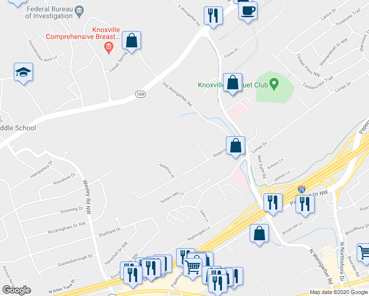map of restaurants, bars, coffee shops, grocery stores, and more near 6517 Ridgerock Lane in Knoxville