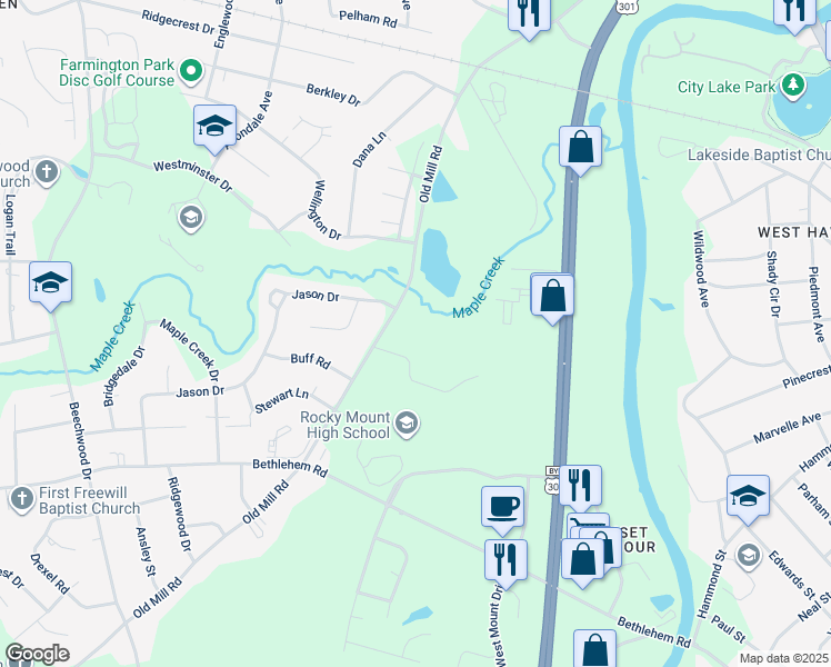 map of restaurants, bars, coffee shops, grocery stores, and more near 905 Old Mill Road in Rocky Mount