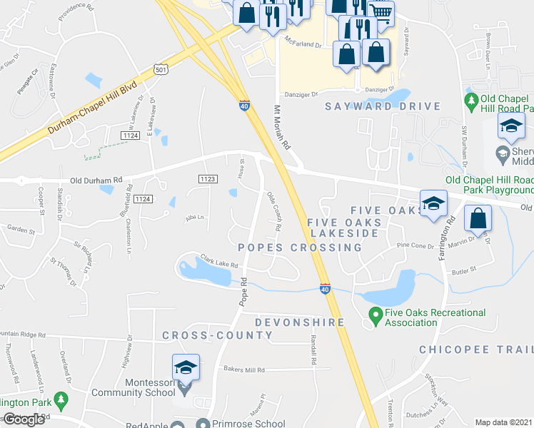 map of restaurants, bars, coffee shops, grocery stores, and more near 6 Tavern Place in Durham