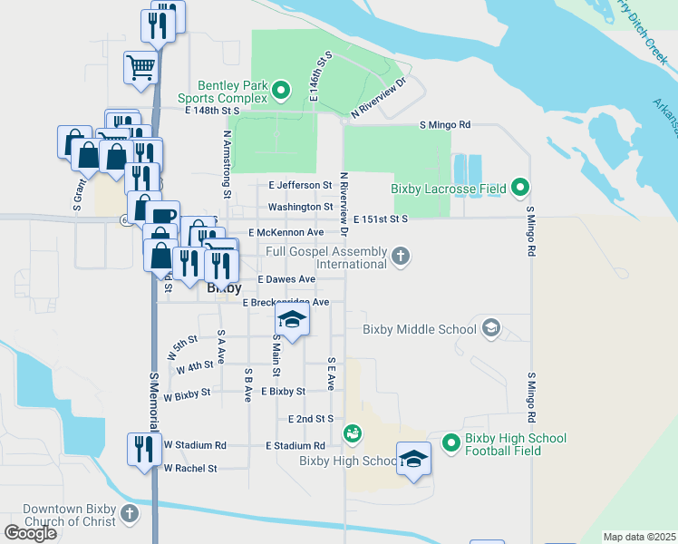 map of restaurants, bars, coffee shops, grocery stores, and more near 312 East Needles Avenue in Bixby