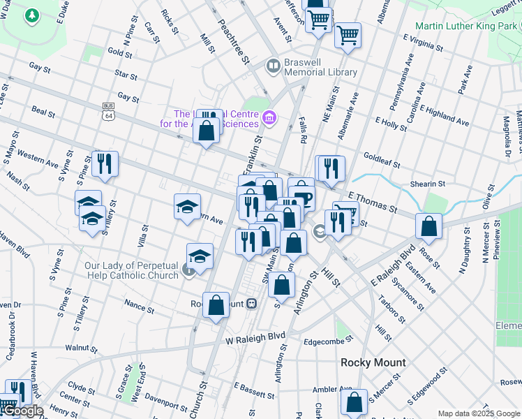 map of restaurants, bars, coffee shops, grocery stores, and more near 153 North Church Street in Rocky Mount
