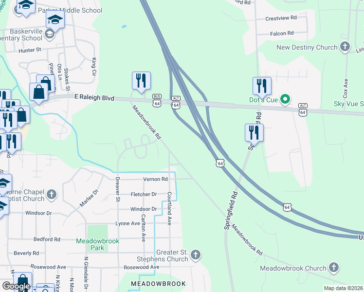 map of restaurants, bars, coffee shops, grocery stores, and more near 1850 Meadowbrook Road in Rocky Mount