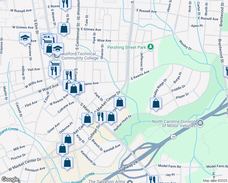 map of restaurants, bars, coffee shops, grocery stores, and more near 329 Wheeler Avenue in High Point
