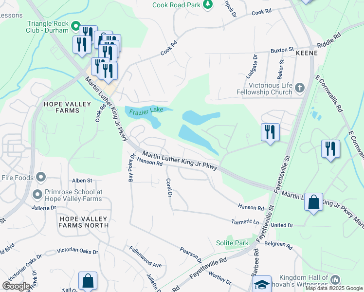 map of restaurants, bars, coffee shops, grocery stores, and more near 1105 Shoreside Drive in Durham