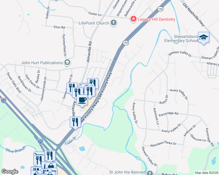 map of restaurants, bars, coffee shops, grocery stores, and more near 928 Grand Oak Drive in Smyrna
