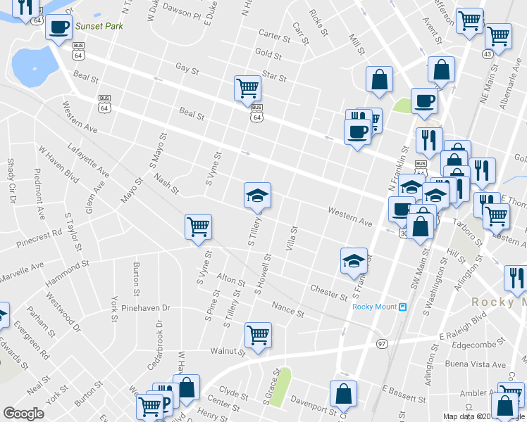 map of restaurants, bars, coffee shops, grocery stores, and more near 229 South Tillery Street in Rocky Mount
