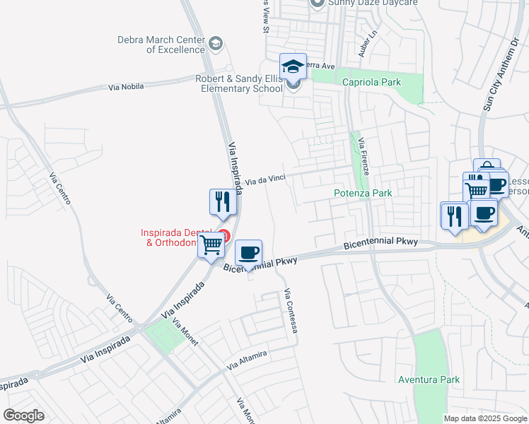 map of restaurants, bars, coffee shops, grocery stores, and more near Via da Vinci in Henderson