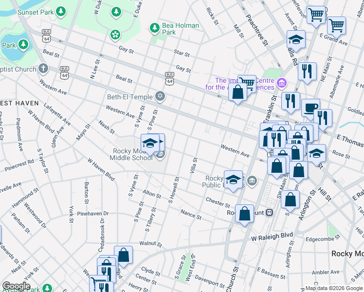 map of restaurants, bars, coffee shops, grocery stores, and more near 209 South Howell Street in Rocky Mount