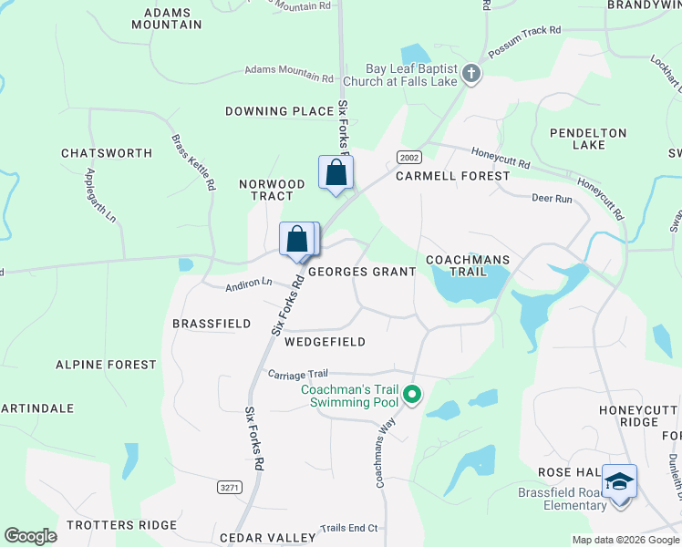map of restaurants, bars, coffee shops, grocery stores, and more near 11612 Six Forks Road in Raleigh
