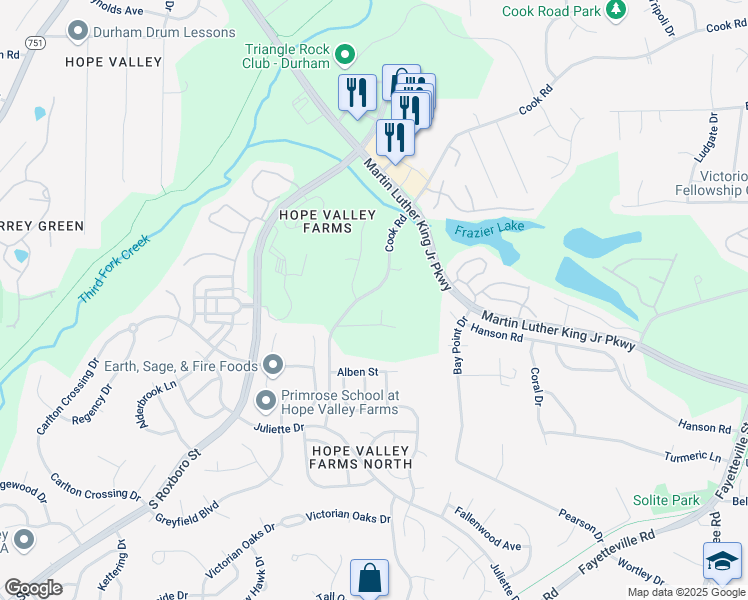 map of restaurants, bars, coffee shops, grocery stores, and more near 1004 Searstone Court in Durham