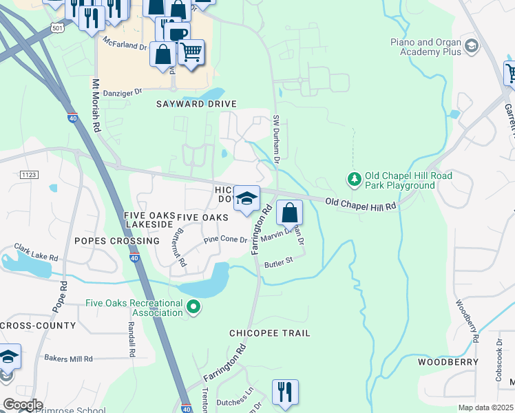 map of restaurants, bars, coffee shops, grocery stores, and more near 4917 Old Chapel Hill Road in Durham