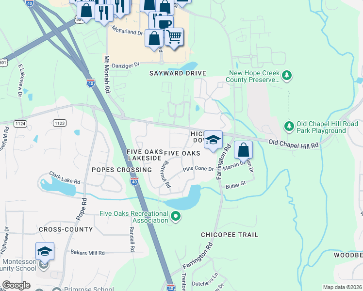 map of restaurants, bars, coffee shops, grocery stores, and more near 4100 Five Oaks Drive in Durham