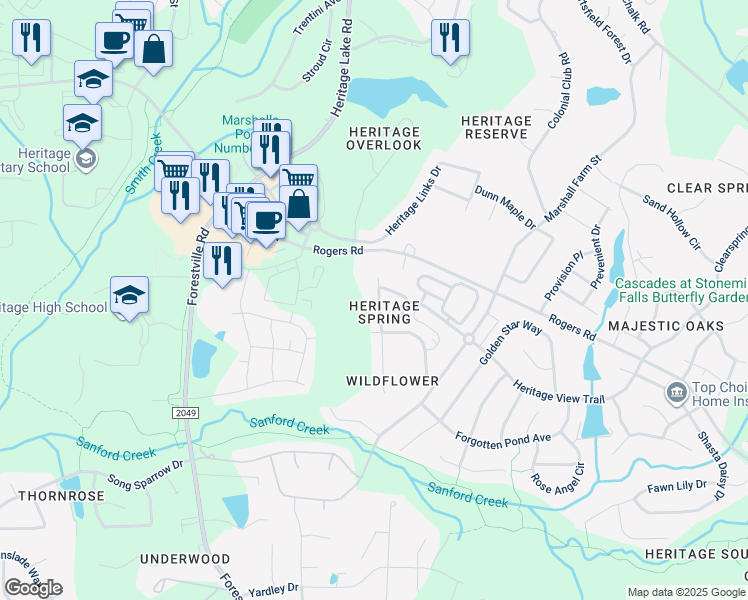 map of restaurants, bars, coffee shops, grocery stores, and more near 1115 Golden Poppy Court in Wake Forest