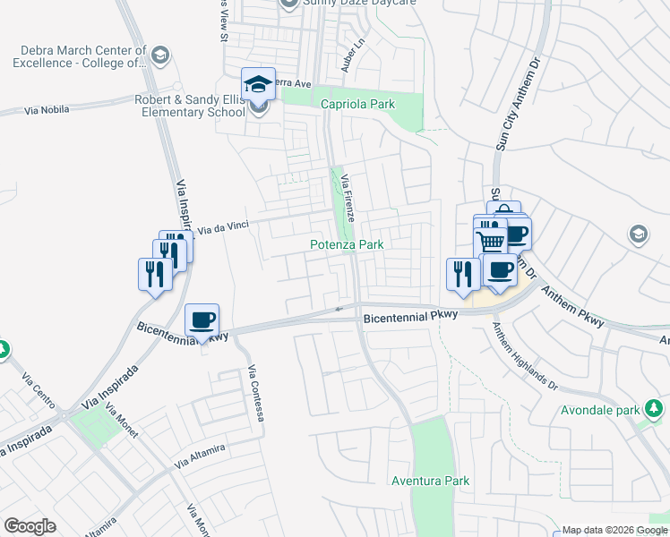 map of restaurants, bars, coffee shops, grocery stores, and more near 3120 Dalmazia Avenue in Henderson