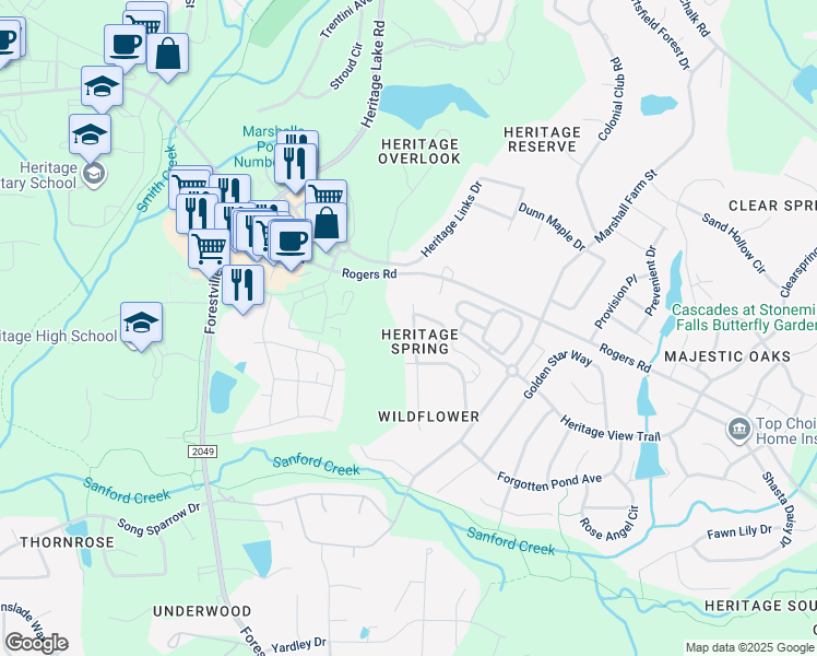 map of restaurants, bars, coffee shops, grocery stores, and more near 1115 Golden Poppy Court in Wake Forest