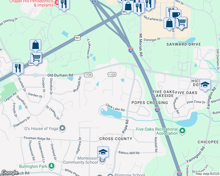map of restaurants, bars, coffee shops, grocery stores, and more near 206 White Oak Drive in Durham